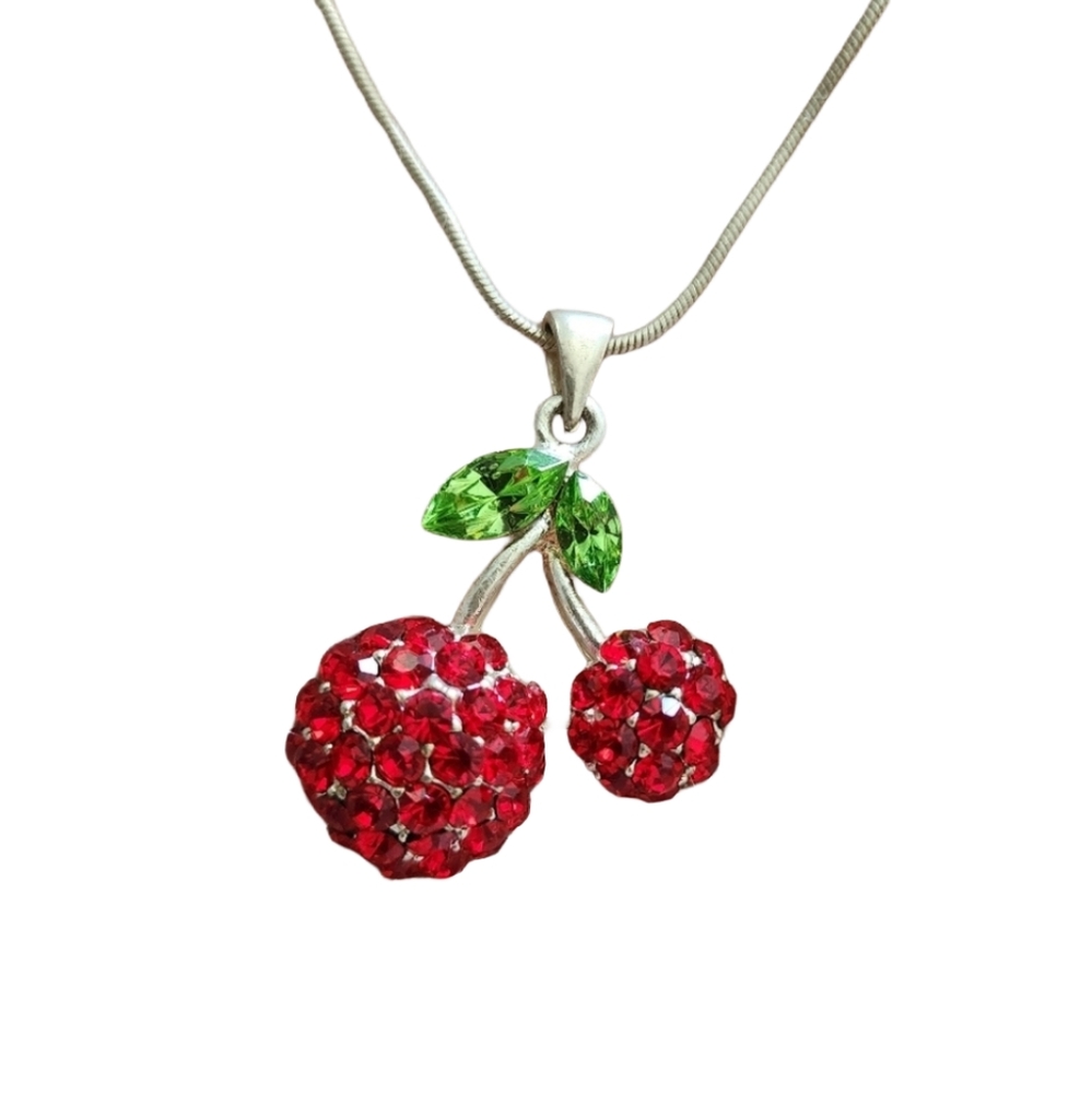 Cherry Pendant Necklace with Red & Green Crystals Rhinestone